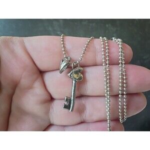 925 Sterling Silver Heart & Skeleton Key Pendant Necklace Vintage READ